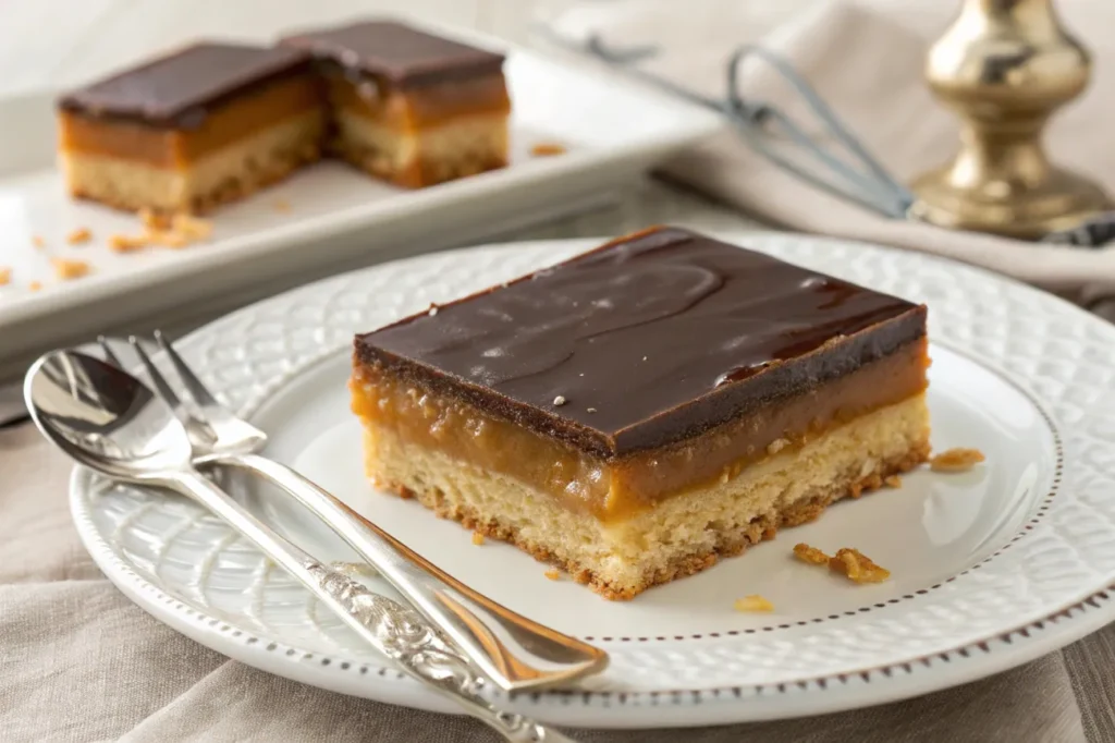 A close-up of a perfectly baked ginger caramel slice square, showcasing the glossy chocolate topping, golden caramel layer, and hints of ginger, presented elegantly with silverware.