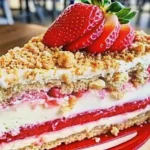 A delicious berrylicious strawberry crunch cheesecake featuring a golden crust, creamy filling, and fresh strawberries, presented elegantly on a wooden board.