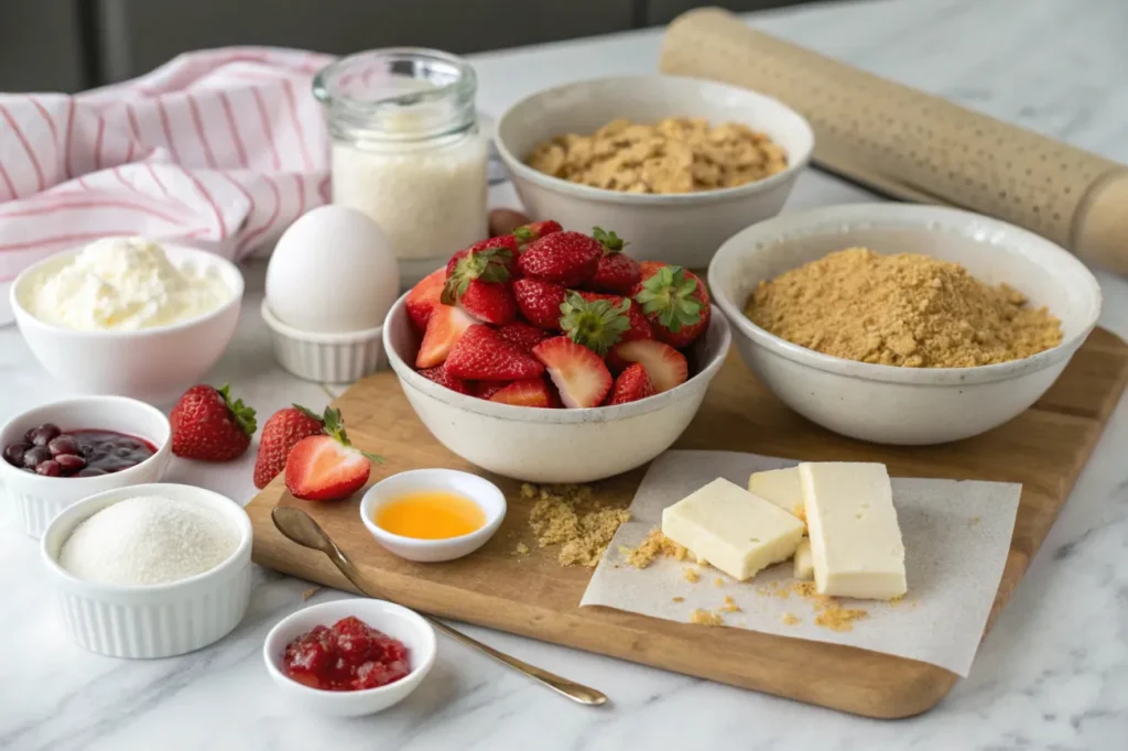 All the essential ingredients for making berrylicious strawberry crunch cheesecake, including graham crackers, butter, cream cheese, sugar, sour cream, eggs, strawberries, and jam, displayed on a marble surface