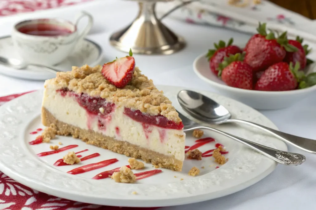 A close-up of a perfectly baked slice of berrylicious strawberry crunch cheesecake, showcasing the golden crust, creamy filling, and vibrant strawberry topping, presented elegantly with silverware.