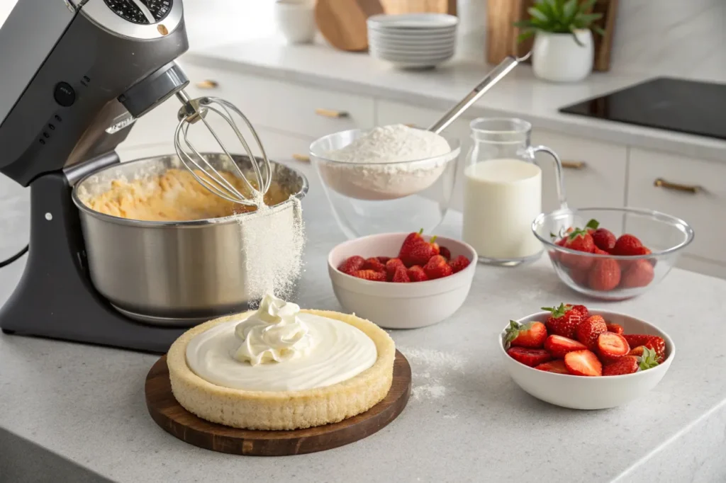 The process of preparing the creamy cheesecake filling for berrylicious strawberry crunch cheesecake, showing cream cheese being mixed with sugar and other ingredients in a stand mixer.