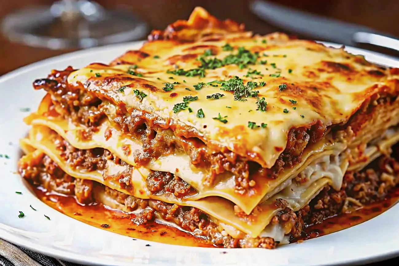 A delicious million-dollar lasagna featuring golden crust, creamy cheese layers, and rich marinara sauce, presented elegantly on a wooden board."