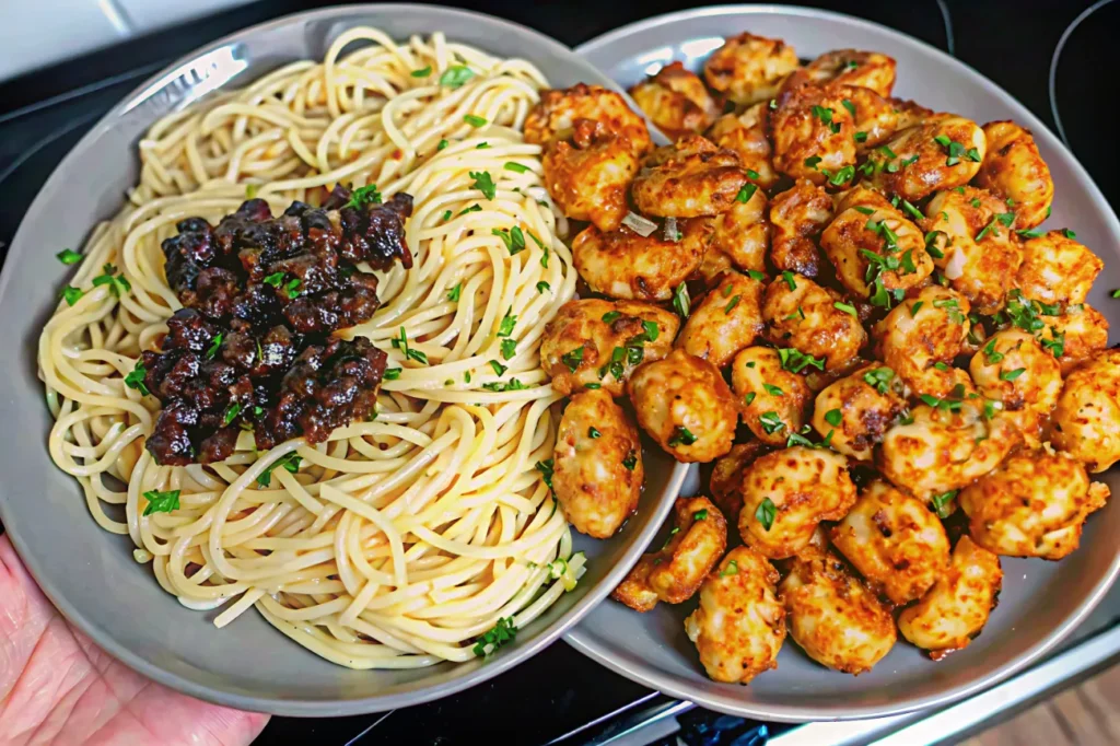 A delicious plate of Lemon Garlic Butter Chicken Bites paired with creamy Parmesan Linguine, garnished with fresh parsley and lemon slices