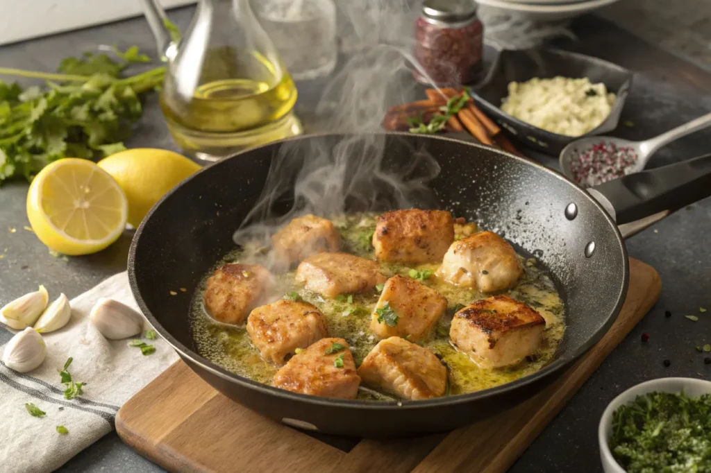 Golden-brown chicken bites being seared in a skillet with garlic and lemon juice, creating an aromatic and flavorful base.