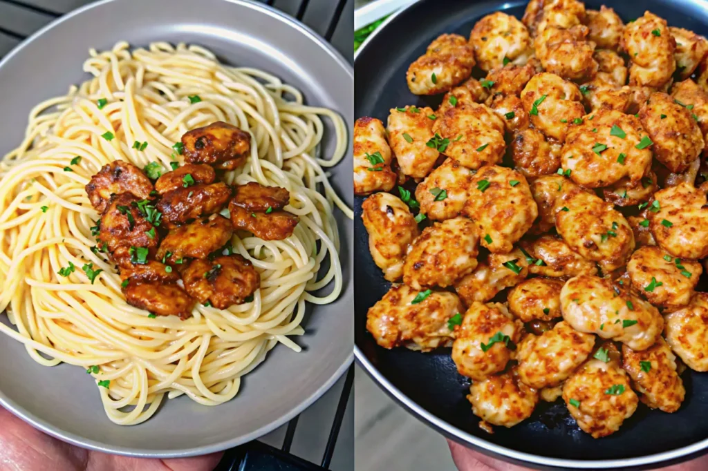 The finished dish of Lemon Garlic Butter Chicken Bites with Savory Parmesan Linguine, beautifully presented with garnishes of parsley and lemon zest