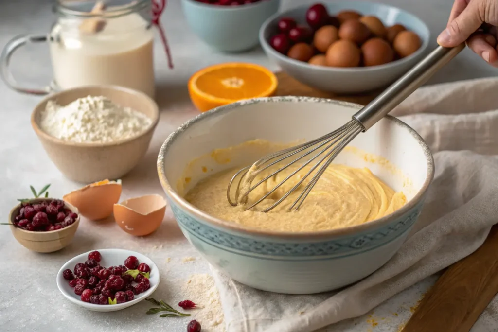 Mixing bowl with batter for cranberry orange bread, showing ingredients being whisked together