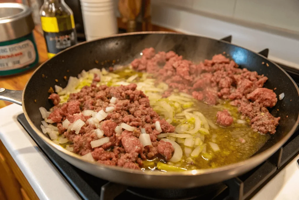 Skillet with olive oil, ground beef, Italian sausage, and onions being cooked on a stove