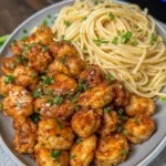 The finished dish of Lemon Garlic Butter Chicken Bites with Savory Parmesan Linguine, beautifully presented with garnishes of parsley and lemon zest