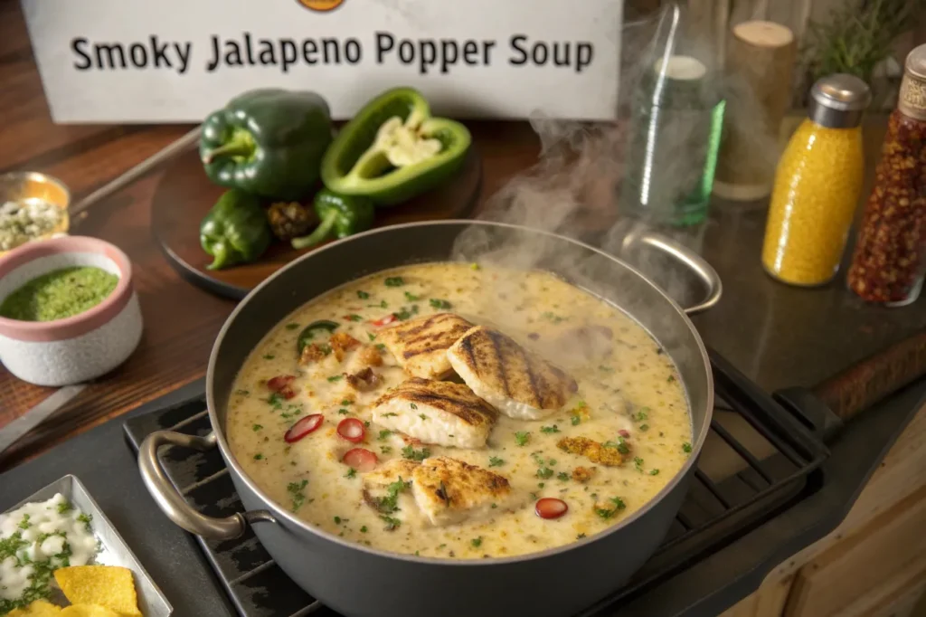 Simmering Smoky Jalapeño Popper Soup with Grilled Chicken in a pot on the stove, showcasing its creamy texture and flavorful ingredients