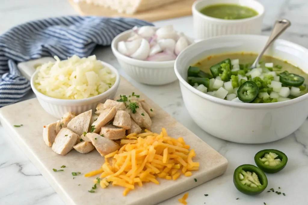 Fresh ingredients for Smoky Jalapeño Popper Soup with Grilled Chicken, including onions, garlic, jalapeños, cheese, chicken, and broth.