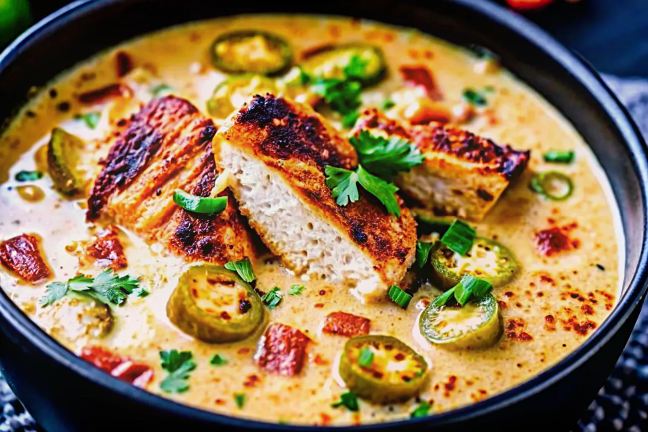 A delicious bowl of Smoky Jalapeño Popper Soup with Grilled Chicken, garnished with cheese and cilantro, surrounded by jalapeños and chicken strips.