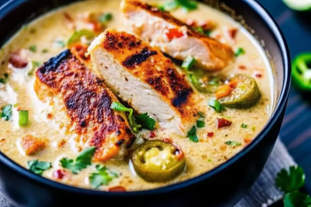 A finished bowl of Smoky Jalapeño Popper Soup with Grilled Chicken, served alongside crusty bread and garnished with cilantro and cheese.