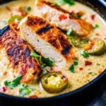 A finished bowl of Smoky Jalapeño Popper Soup with Grilled Chicken, served alongside crusty bread and garnished with cilantro and cheese.