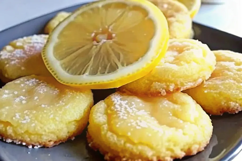 Lemon Poundcake Cookies topped with a tangy lemon glaze, served on a plate with lemon wedges for garnish.