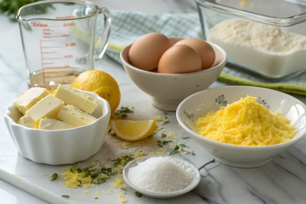  Fresh ingredients for Lemon Poundcake Cookies, including butter, sugar, eggs, lemon zest, lemon juice, flour, baking powder, and salt