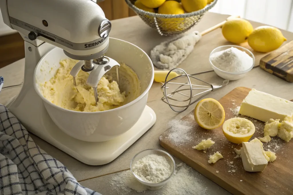 A stand mixer creaming butter and sugar for Lemon Poundcake Cookies, with lemon zest and fresh lemons nearby.