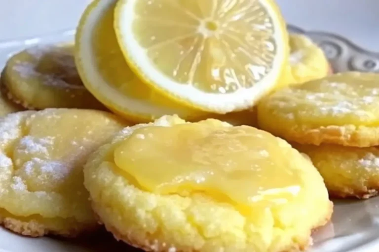 A plate of golden Lemon Poundcake Cookies dusted with powdered sugar, accompanied by fresh lemon slices and mint leaves