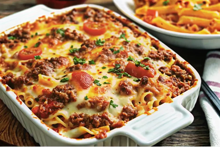 A delicious Beef Lombardi Casserole with melted mozzarella, surrounded by fresh basil and Parmesan