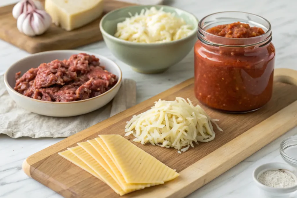 Fresh ingredients for Beef Lombardi Casserole, including ground beef, onions, garlic, marinara sauce, cheeses, and lasagna noodles.