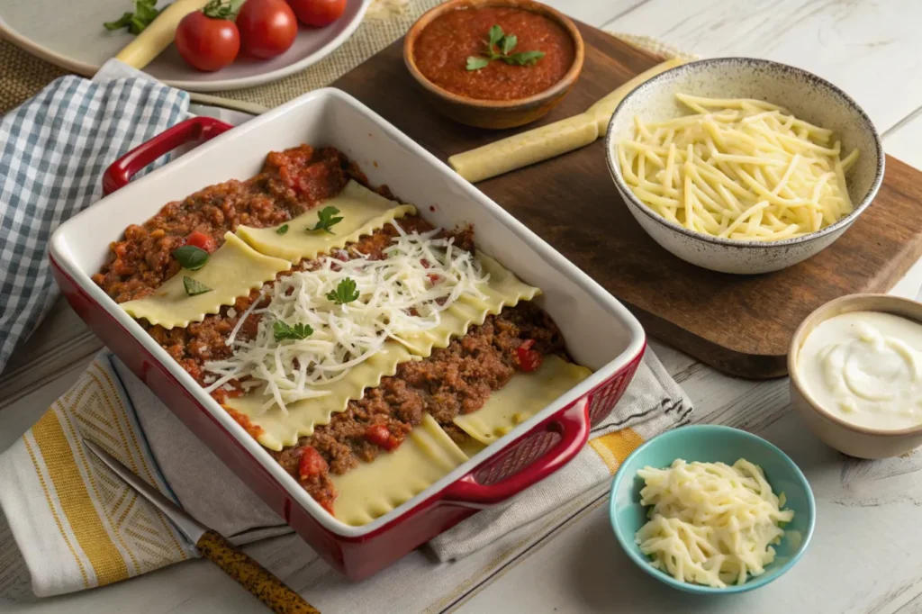 Layers of lasagna noodles, beef filling, béchamel sauce, and mozzarella cheese being assembled for Beef Lombardi Casserole