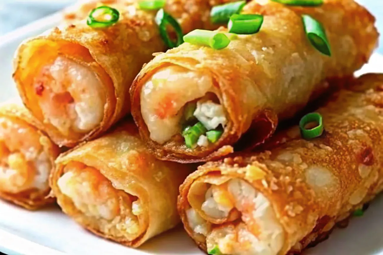 Golden-brown Shrimp Egg Rolls served on a plate with fresh green onions and sweet chili dipping sauce.