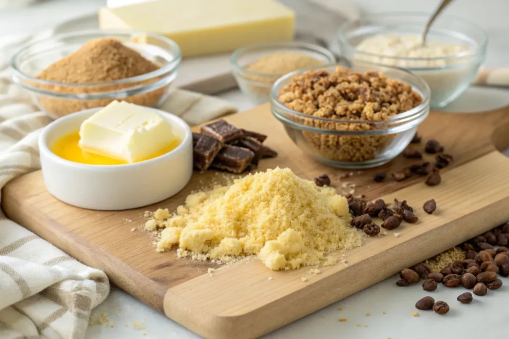  Fresh ingredients for No-Bake Turtle Caramel Pie, including graham crackers, butter, sugars, caramel ingredients, chocolate chips, and pecans.