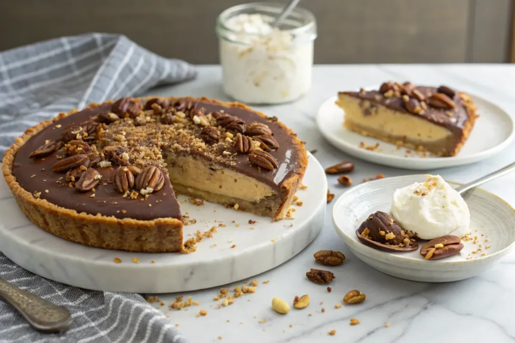  A finished No-Bake Turtle Caramel Pie with a glossy chocolate glaze, pecan topping, and a slice served alongside with whipped cream.