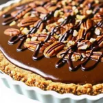 A finished No-Bake Turtle Caramel Pie with a glossy chocolate glaze, pecan topping, and a slice served alongside with whipped cream.