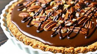 A finished No-Bake Turtle Caramel Pie with a glossy chocolate glaze, pecan topping, and a slice served alongside with whipped cream.