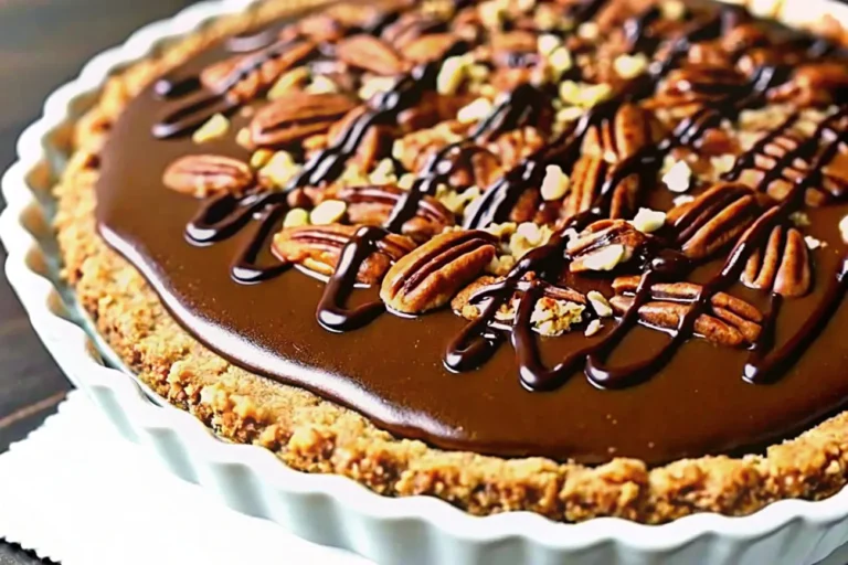 A finished No-Bake Turtle Caramel Pie with a glossy chocolate glaze, pecan topping, and a slice served alongside with whipped cream.