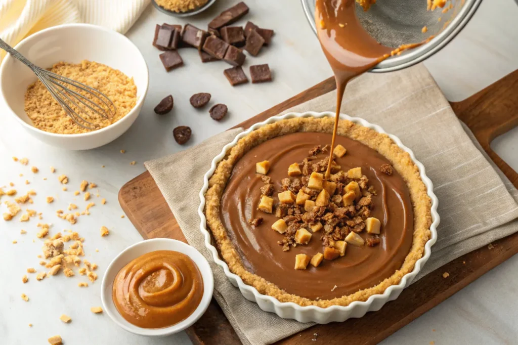 Step-by-step assembly of No-Bake Turtle Caramel Pie, showcasing the crust, caramel layer, and pecan topping.