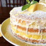 A delicious Limoncello Mascarpone Cake dusted with powdered sugar and garnished with lemon slices and mint leaves.