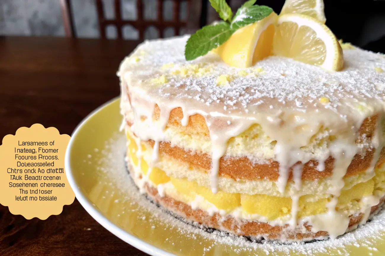 A delicious Limoncello Mascarpone Cake dusted with powdered sugar and garnished with lemon slices and mint leaves.