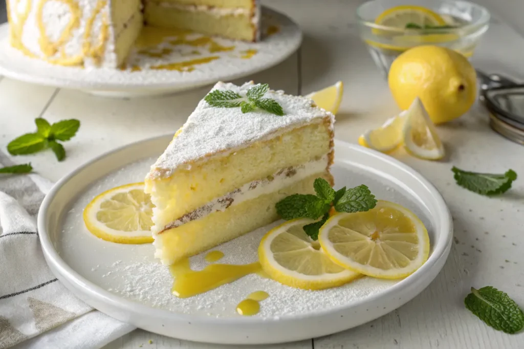 A beautifully presented slice of Limoncello Mascarpone Cake with powdered sugar, lemon slices, and mint leaves.

