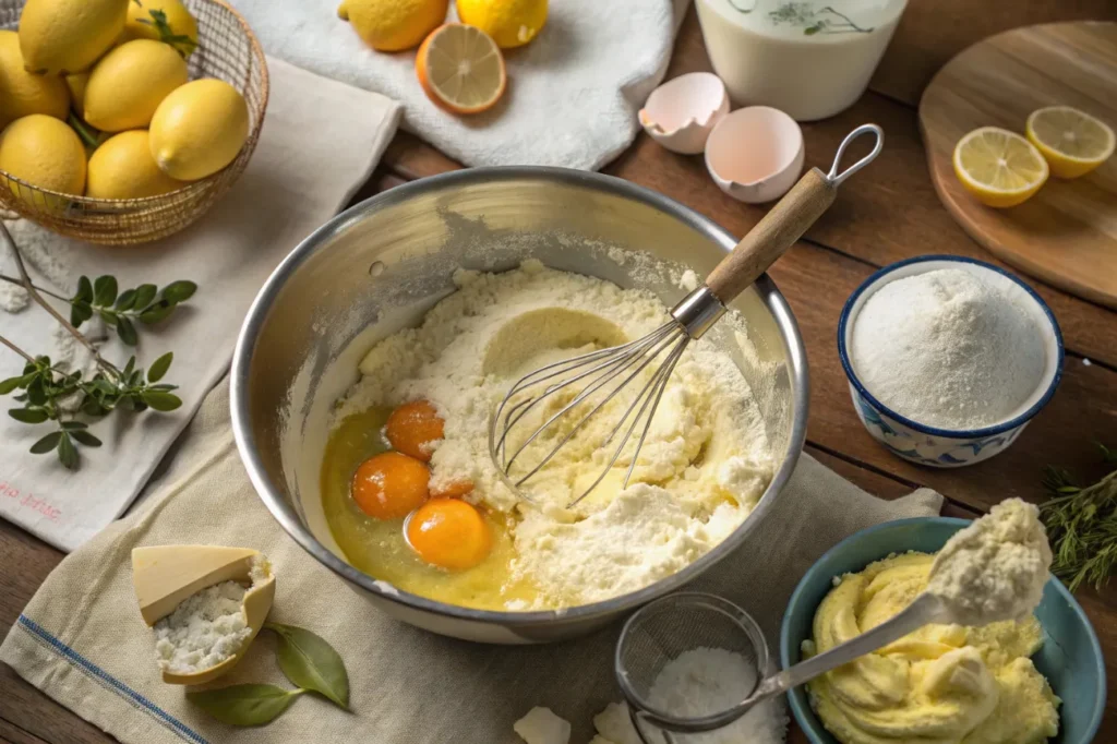 Step-by-step process of mixing the Limoncello Mascarpone Cake batter with key ingredients.