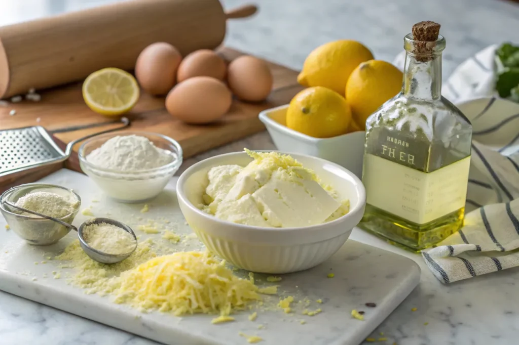 Fresh ingredients for Limoncello Mascarpone Cake, including mascarpone, limoncello, lemon zest, sugar, eggs, flour, and more.