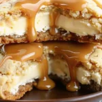 A delicious plate of Caramel Cheesecake Cookies with creamy centers and caramel drizzles, served on a wooden board.