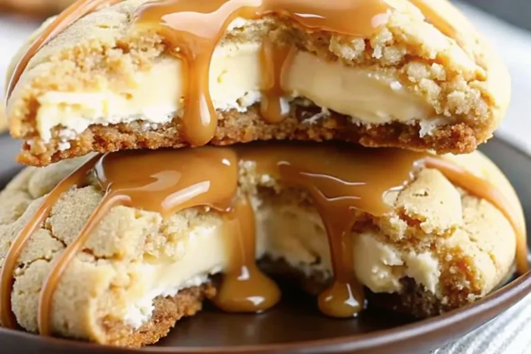 A delicious plate of Caramel Cheesecake Cookies with creamy centers and caramel drizzles, served on a wooden board.