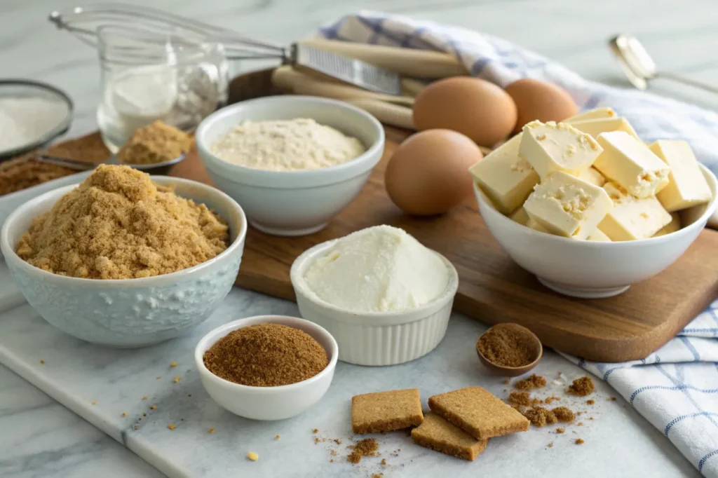 Fresh ingredients for Caramel Cheesecake Cookies, including butter, sugars, cream cheese, graham cracker crumbs, spices, and dry ingredients.