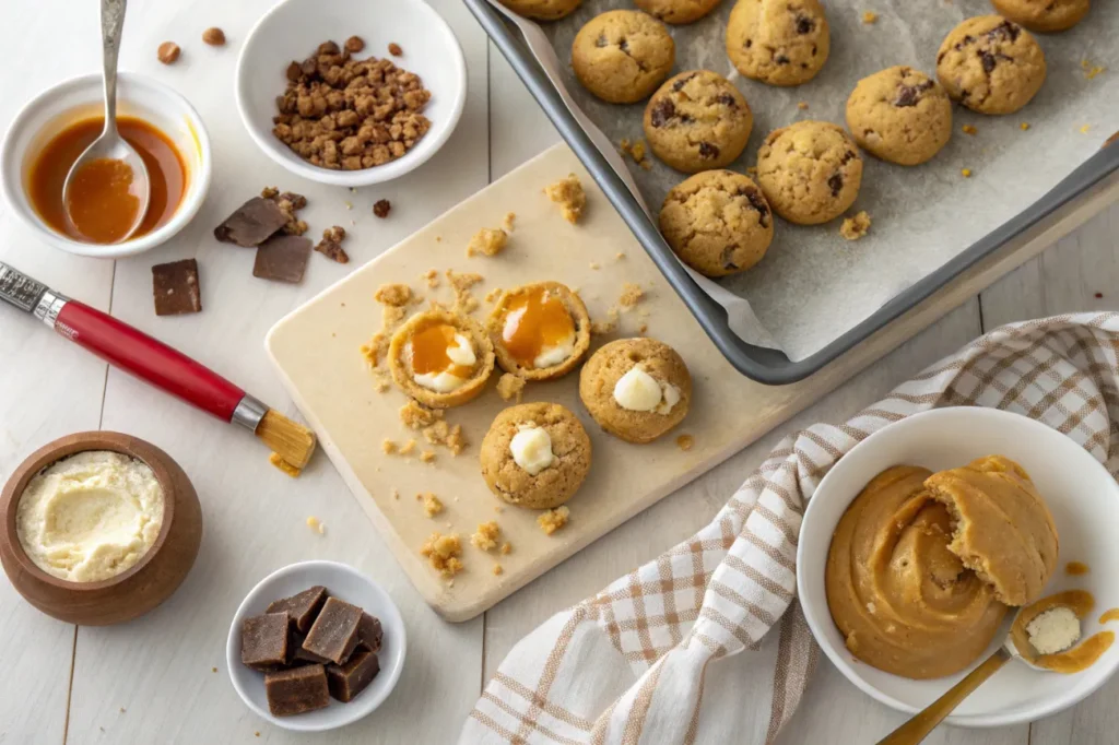 Step-by-step assembly of Caramel Cheesecake Cookies, showcasing the addition of cheesecake filling to cookie dough balls.