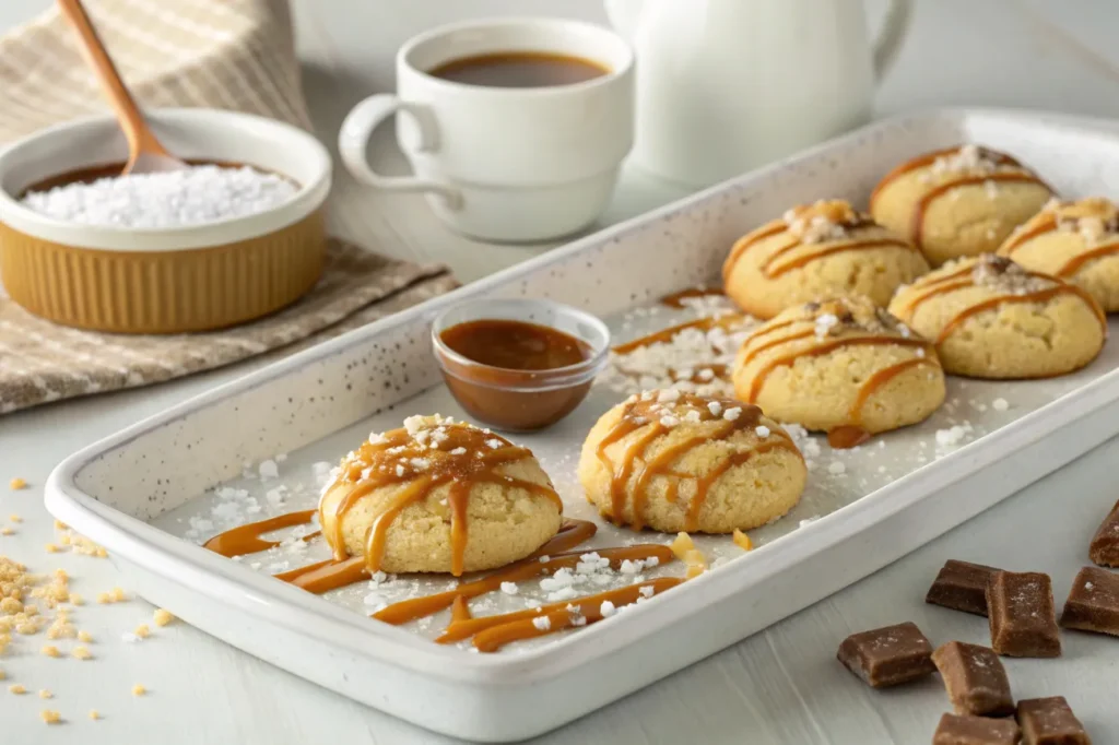 A finished tray of Caramel Cheesecake Cookies with caramel drizzles and a sprinkle of sea salt for added flair.