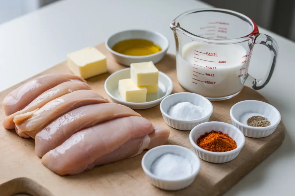 Fresh ingredients for Creamy Texas Roadhouse Butter Chicken, including chicken, butter, spices, and cream.