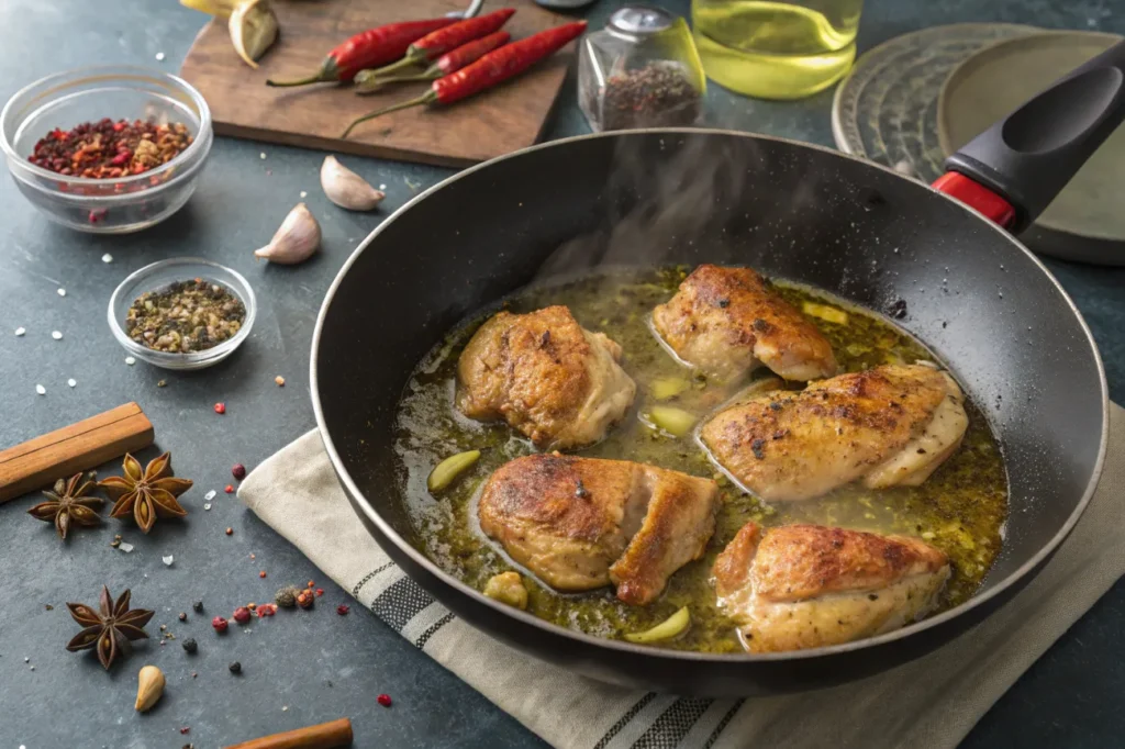 Golden-brown chicken pieces being seared in a skillet with aromatic spices for Creamy Texas Roadhouse Butter Chicken.