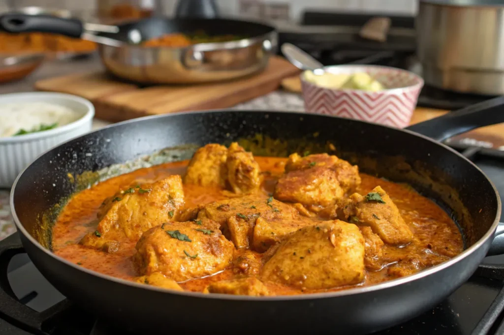 A finished skillet of Creamy Texas Roadhouse Butter Chicken with a luscious sauce and fresh parsley garnish, served with crusty bread.