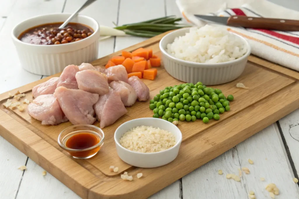 Fresh ingredients for One-Pan Bold Honey BBQ Chicken Rice, including chicken, rice, vegetables, spices, and sauces.