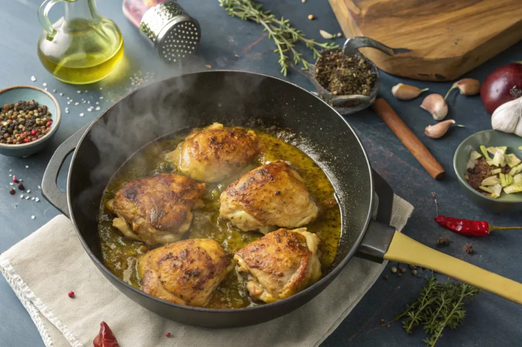 Golden-brown chicken thighs being seared in a skillet with aromatic spices for One-Pan Bold Honey BBQ Chicken Rice.