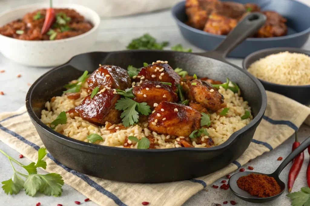 A finished skillet of One-Pan Bold Honey BBQ Chicken Rice with a glossy glaze and fresh herb garnish.