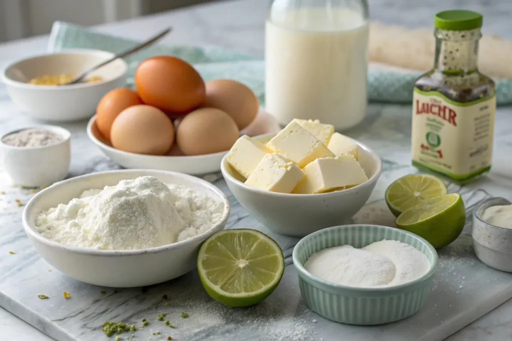  Fresh ingredients for Key Lime Pound Cake, including butter, sugar, eggs, lime zest and juice, flour, and buttermilk.