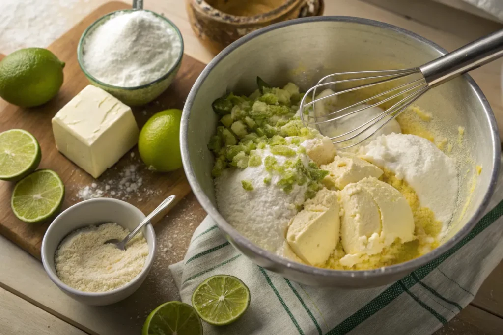 Step-by-step process of mixing the Key Lime Pound Cake batter with key ingredients.