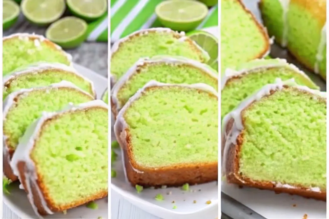 A delicious Key Lime Pound Cake topped with fresh lime slices and zest, served on a wooden board.